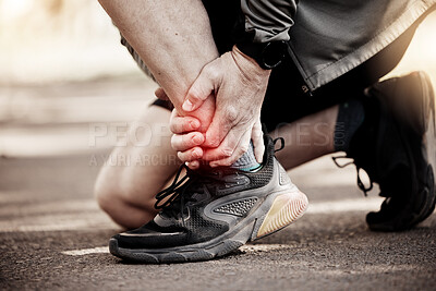 Buy stock photo Ankle pain, feet and running, fitness and red overlay, injury with person outdoor, sneakers and stress fracture. Inflammation, fibromyalgia and health, runner and muscle tension, glow and exercise