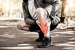 Runner, hands and legs with pain, park or injury outdoor for fitness, training or muscle emergency. Person, shin accident and exercise with red glow overlay, stress or arthritis in nature for workout