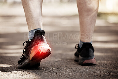 Buy stock photo Feet, running person with red pain overlay for fitness, health or exercise and cardio injury, risk and sports muscle. Runner or athlete legs and foot in shoe for training or workout fatigue in street