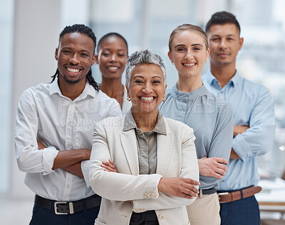 Buy stock photo Professional, team and portrait with diversity, arms crossed and confident management working together in accounting office. Accountant, business people or group smile for leadership or collaboration