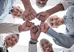 Hands fist bump, group circle and business people celebrate community support, synergy or happy corporate achievement. Below view, trust and staff commitment, solidarity and team building motivation