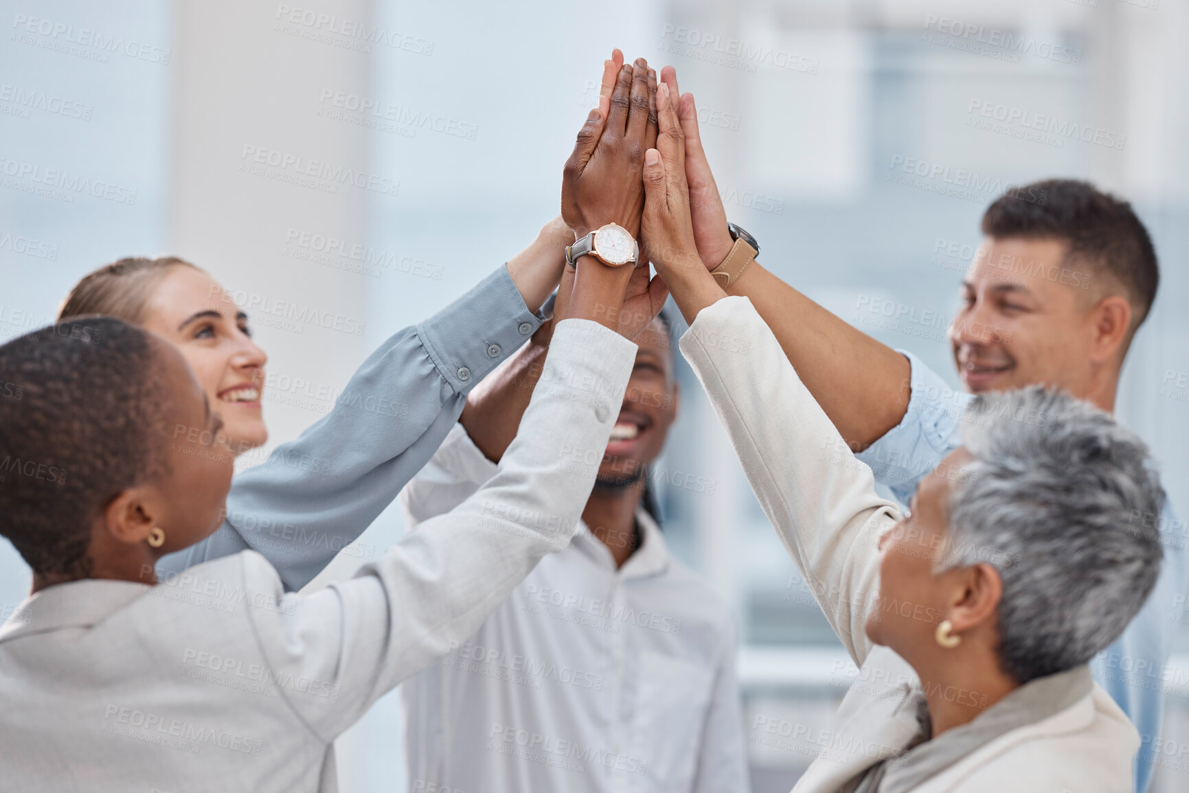 Buy stock photo High five, group circle or business people celebrate collaboration, synergy or corporate deal, success or achievement. Excited, trust or diversity staff solidarity, team building and teamwork support