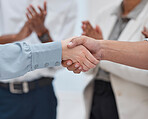 Success, partnership and handshake with business people in office for winner, deal or agreement. Contract, thank you or teamwork with closeup of employee shaking hands for meeting and congratulations
