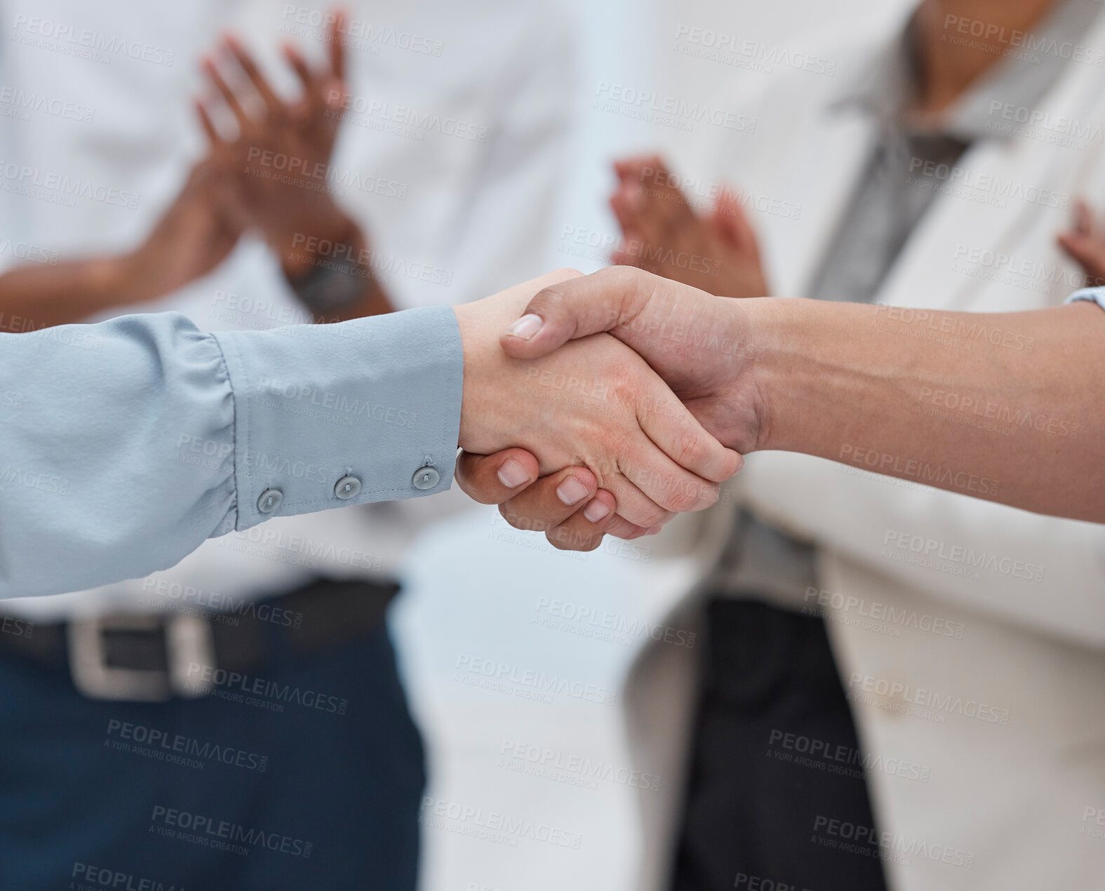 Buy stock photo Success, partnership and handshake with business people in office for winner, deal or agreement. Contract, thank you or teamwork with closeup of employee shaking hands for meeting and congratulations