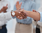 Success, welcome and handshake with business people in office for winner, deal and agreement. Contract, thank you and teamwork with closeup of employees shaking hands for meeting and congratulations