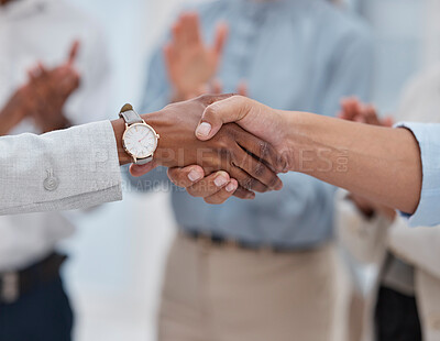 Buy stock photo Success, welcome and handshake with business people in office for winner, deal and agreement. Contract, thank you and teamwork with closeup of employees shaking hands for meeting and congratulations
