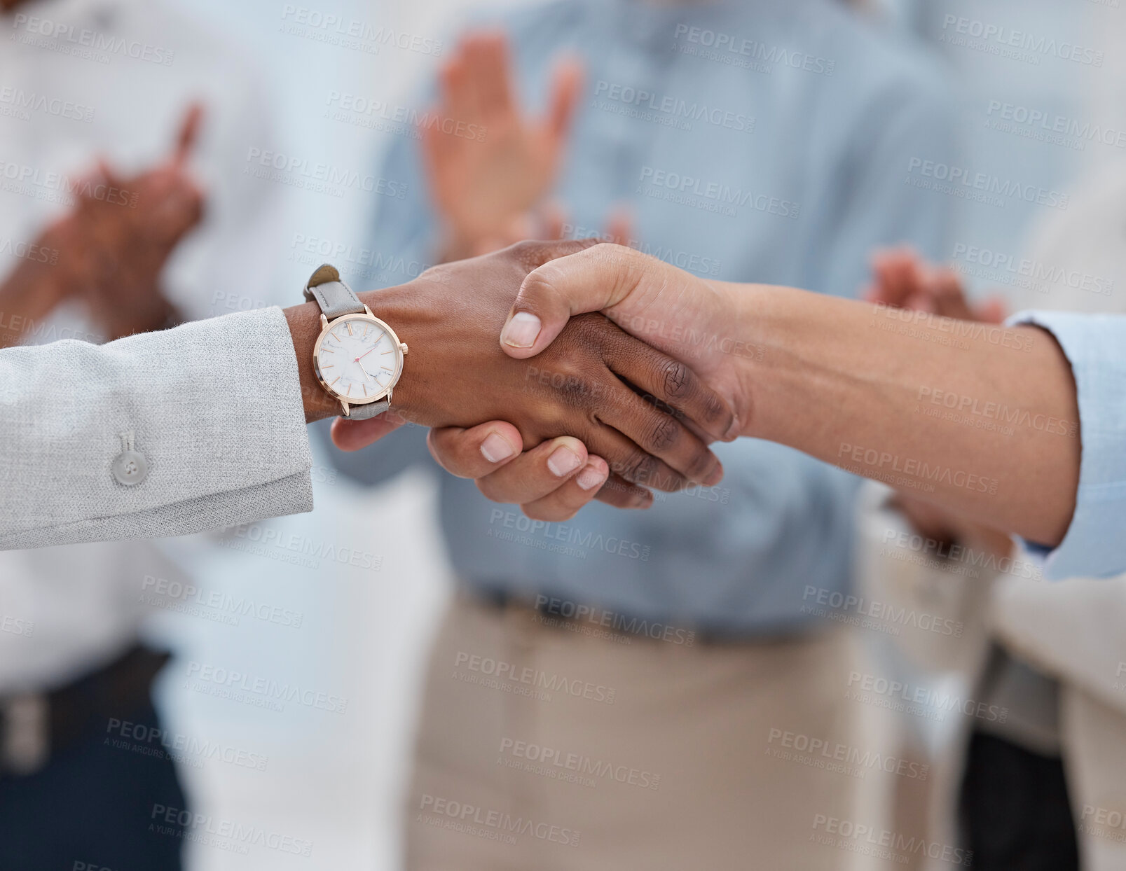 Buy stock photo Success, welcome and handshake with business people in office for winner, deal and agreement. Contract, thank you and teamwork with closeup of employees shaking hands for meeting and congratulations