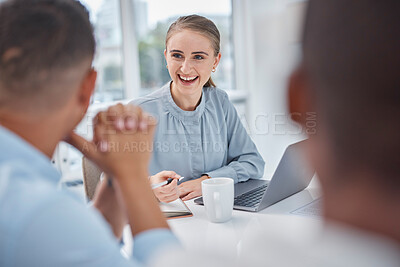 Buy stock photo Business people, team planning and meeting for happy collaboration, project ideas and marketing agenda on computer. Writing, brainstorming and excited worker, employees or manager with online goals