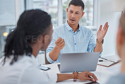 Buy stock photo Business people, manager planning and meeting for collaboration, project ideas and marketing agenda on laptop. Feedback, advice and support of boss, employees or b2b agency with computer information