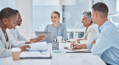 Buy stock photo Business people, meeting and planning, collaboration or teamwork for online project, happy discussion and marketing. Group of women and men in diversity, agency agenda and brainstorming on computer