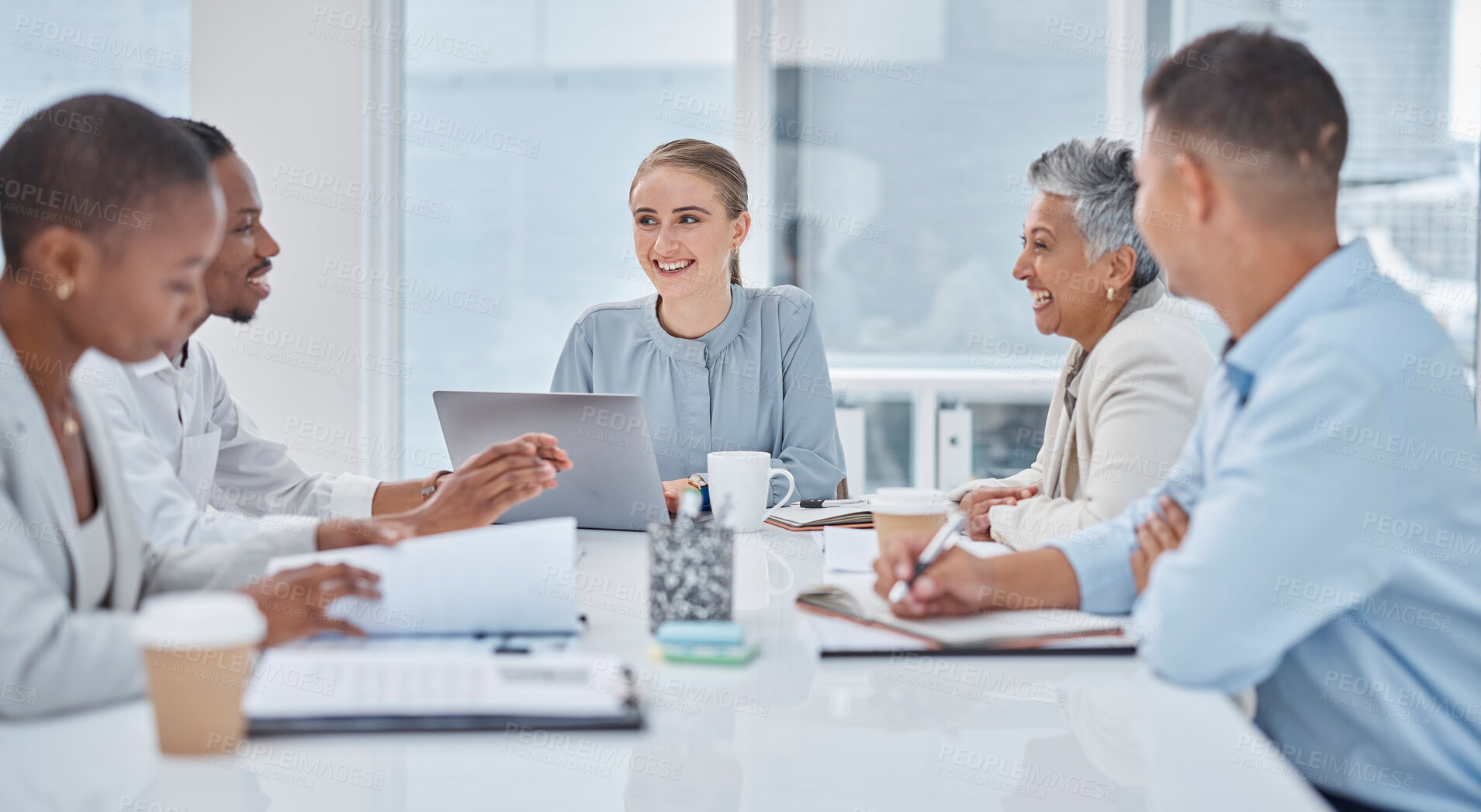 Buy stock photo Business people, meeting and planning, collaboration or teamwork for online project, happy discussion and marketing. Group of women and men in diversity, agency agenda and brainstorming on computer