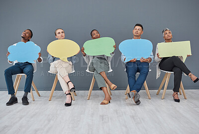 Buy stock photo Thinking, office and business people with a speech bubble for social media, chat or contact information. Mockup, sitting and diversity of employees with a board for ideas, communication or opinion