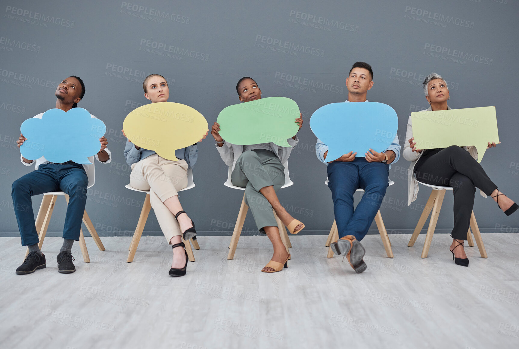 Buy stock photo Thinking, office and business people with a speech bubble for social media, chat or contact information. Mockup, sitting and diversity of employees with a board for ideas, communication or opinion
