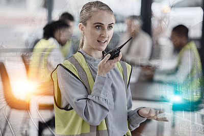 Buy stock photo Walkie talkie, engineering overlay and woman in office for construction, infrastructure and maintenance. Architecture meeting, contractor and person on radio for instruction, communication or talking