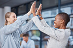 High five, partnership and company women celebrate business deal, success or corporate achievement. Diversity, administration workforce and excited team building support, cooperation or mission goals