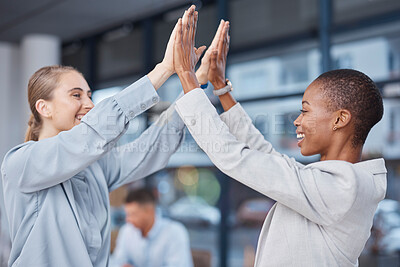 Buy stock photo High five, partnership and company women celebrate business deal, success or corporate achievement. Diversity, administration workforce and excited team building support, cooperation or mission goals