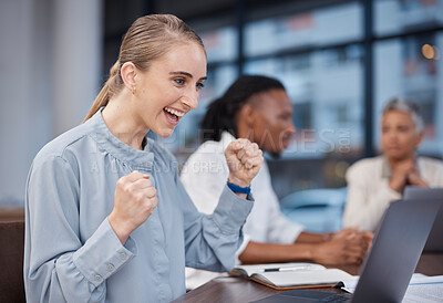 Buy stock photo Business woman, winning and celebration of success in sales, deal and achievement of target or goals for startup. Happy, employee and excited for promotion, proposal or bonus from profit in trading
