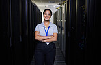 Data center, portrait or happy woman for online cybersecurity glitch, machine or servers system. IT support, server room or proud female engineer fixing network for information technology solution