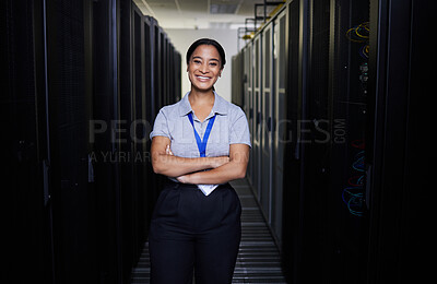 Buy stock photo Data center, portrait or happy woman for online cybersecurity glitch, machine or servers system. IT support, server room or proud female engineer fixing network for information technology solution