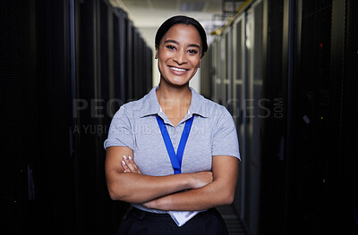 Buy stock photo Server room, portrait or happy woman for online cybersecurity glitch, machine or servers system. IT support, data center or proud female engineer fixing network for information technology solution