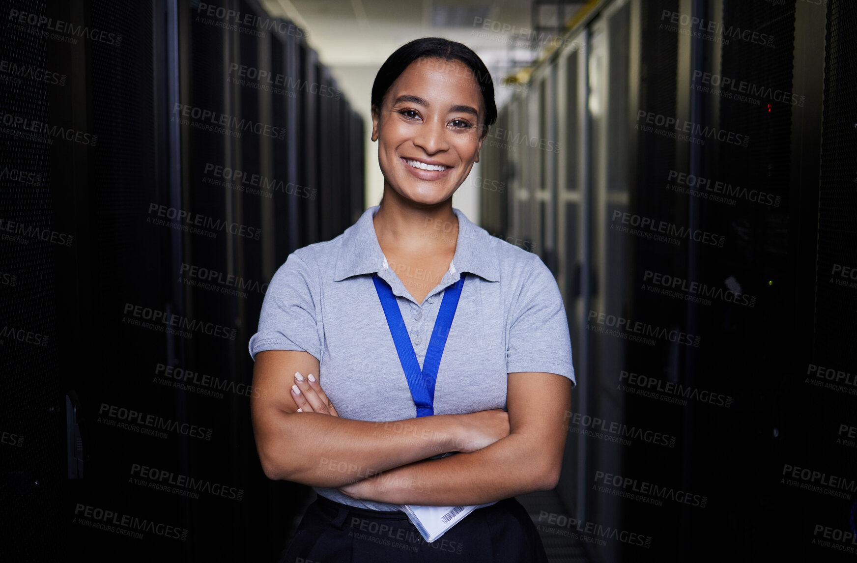 Buy stock photo Server room, portrait or happy woman for online cybersecurity glitch, machine or servers system. IT support, data center or proud female engineer fixing network for information technology solution