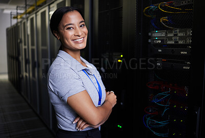 Buy stock photo Server room, portrait or woman engineer for online cybersecurity glitch, machine or servers system. IT support, smile or happy woman fixing network for information technology solution in data center