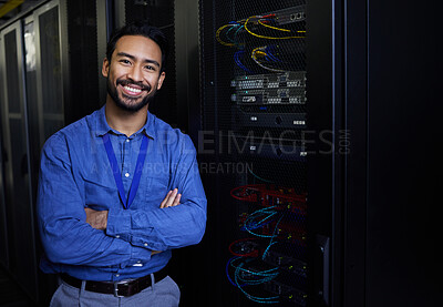 Buy stock photo Server room, portrait or happy male developer for online cybersecurity glitch or machine system. IT support, smile or proud engineer fixing network for information technology solution in data center