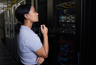 Buy stock photo Server room, thinking or engineer for hardware or cybersecurity or machine in system at night. Problem solving, data center or woman fixing network for information technology solution in IT support