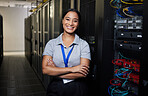 Server room, portrait or happy technician for online cybersecurity update or machine system. IT support data center, smile or proud woman engineer fixing network for information technology solution