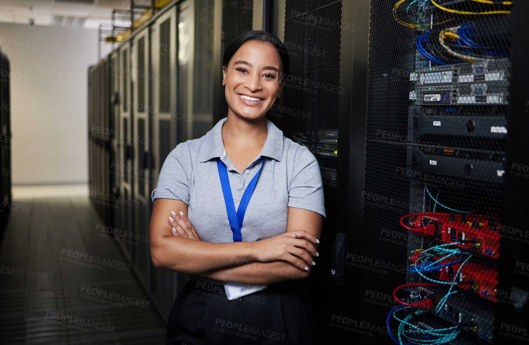 Buy stock photo Server room, portrait or happy woman technician for online cybersecurity update or machine system. IT support data center, smile or proud engineer fixing network for information technology solution