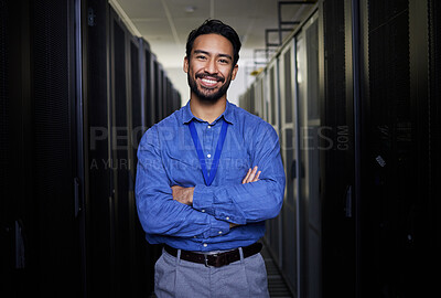 Buy stock photo Server room, portrait or happy man for online cybersecurity glitch, machine or servers system. IT support, smile or proud engineer fixing network for information technology solution in data center