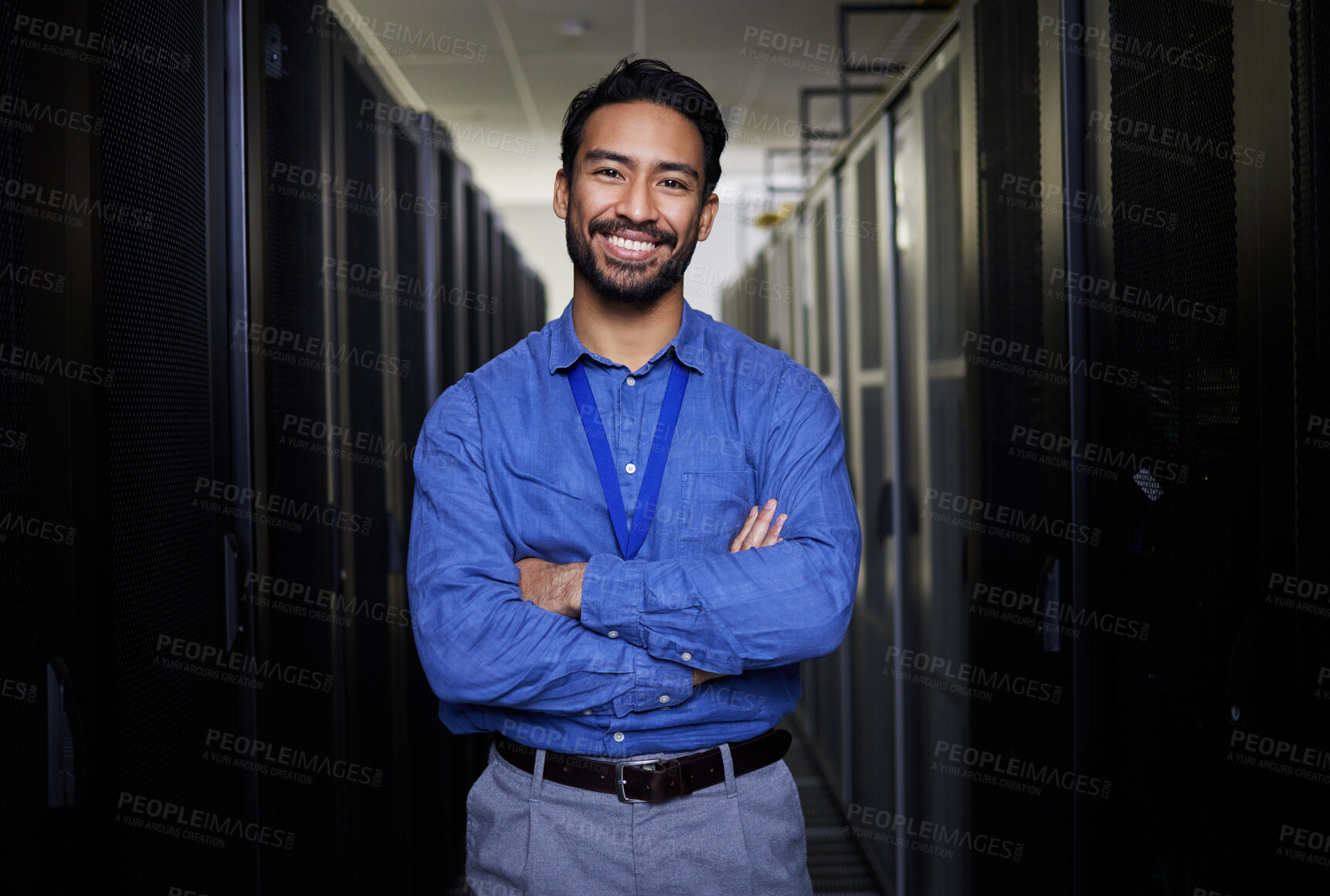 Buy stock photo Server room, portrait or happy man for online cybersecurity glitch, machine or servers system. IT support, smile or proud engineer fixing network for information technology solution in data center