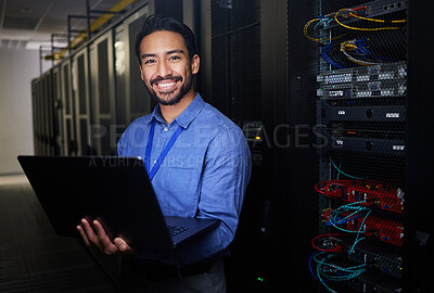 Buy stock photo Man, data center and computer in programming portrait, server room coding and programming or cybersecurity. Business person on laptop and engineering network, gdpr software and backup or maintenance