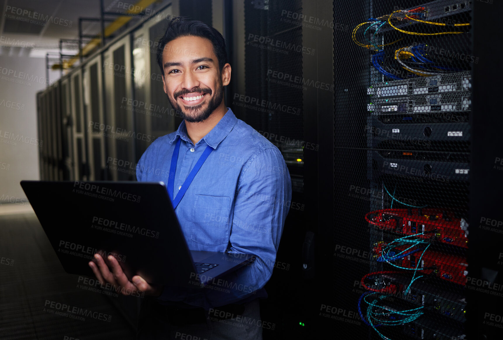 Buy stock photo Man, data center and computer in programming portrait, server room coding and programming or cybersecurity. Business person on laptop and engineering network, gdpr software and backup or maintenance