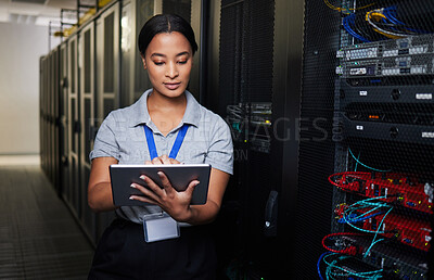 Buy stock photo Woman, tablet and server room in inspection, programming and coding with system solution and cybersecurity. Engineering person on digital tech, hardware maintenance or business network in data center