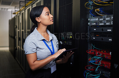 Buy stock photo Woman, engineering tablet and server room, data center inspection or system solution for cybersecurity coding. IT person on digital technology, cables check and business power or programming hardware