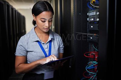 Buy stock photo Woman, tablet and server room, programming or coding for cybersecurity, information technology or data protection backup. Engineering person on digital software, hardware inspection or basement check
