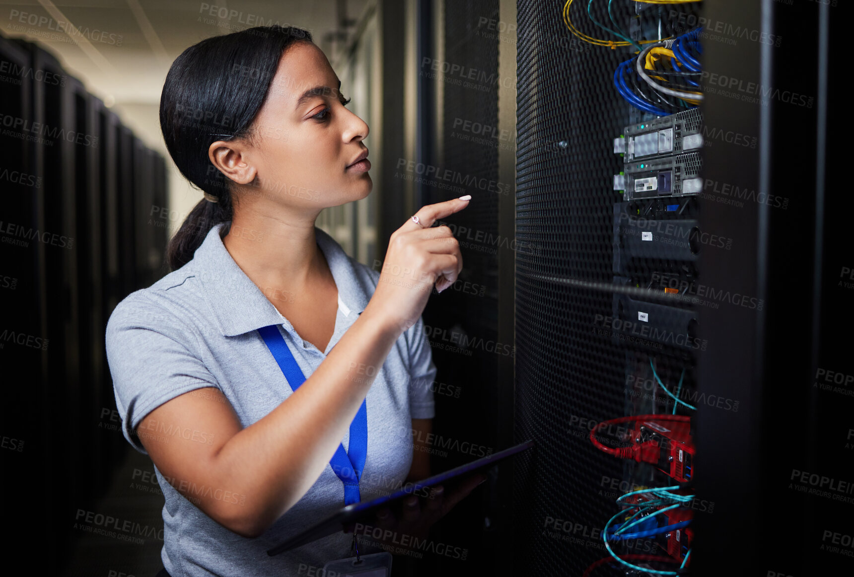 Buy stock photo Woman, technology and inspection of server room, engineering cables and power solution or hardware problem solving. Technician on tablet, cybersecurity check and data center programming in basement