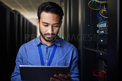 Buy stock photo Tablet, man and engineer in server room on research for programming at night. Information technology, inspection and technician in data center reading, network maintenance or typing code for software