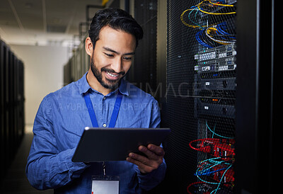Buy stock photo Man, tablet and server room, programming or coding for cybersecurity, information technology and data protection backup. Happy engineering person on digital software and hardware solution in basement