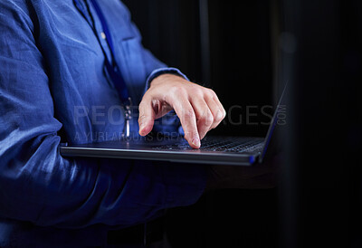 Buy stock photo Hands, laptop and typing on keyboard for programming to work on project at night. Information technology, computer and person coding, networking and software developer of system admin on internet
