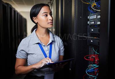 Buy stock photo Woman, tablet and thinking in server room, programming solution or coding ideas for cybersecurity or data center backup. Engineering person on digital software, hardware inspection and basement check
