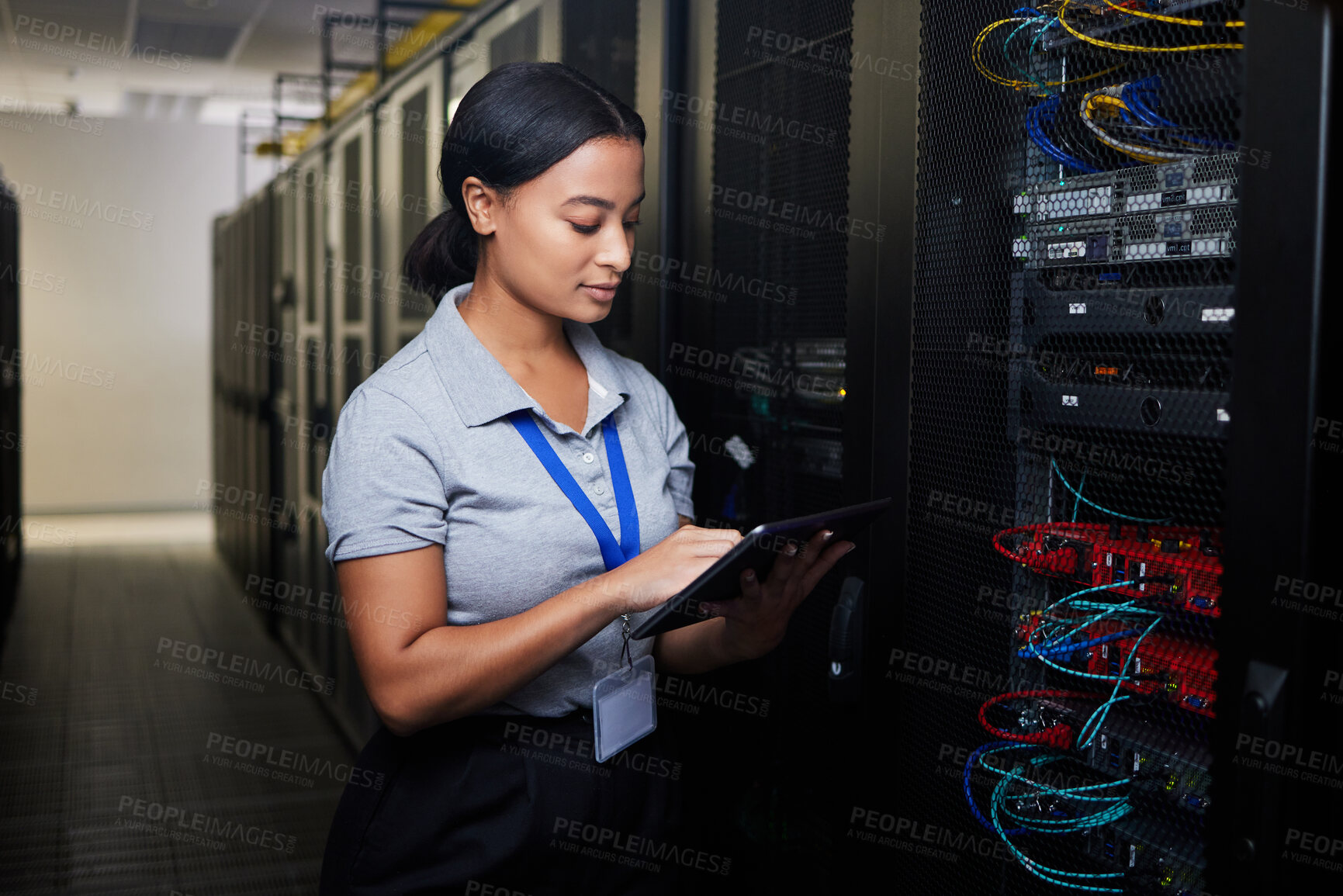Buy stock photo Woman, tablet and data center in inspection, programming and coding of power solution, cables check or cybersecurity. Engineering person on digital tech, hardware and software network in server room