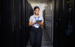 Woman, tablet and engineer in server room on research for programming at night. Information technology, inspection and technician in data center reading, network maintenance or typing software code