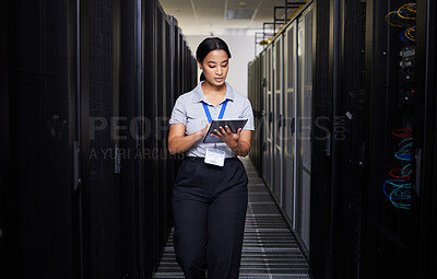 Buy stock photo Woman, tablet and engineer in server room on research for programming at night. Information technology, inspection and technician in data center reading, network maintenance or typing software code
