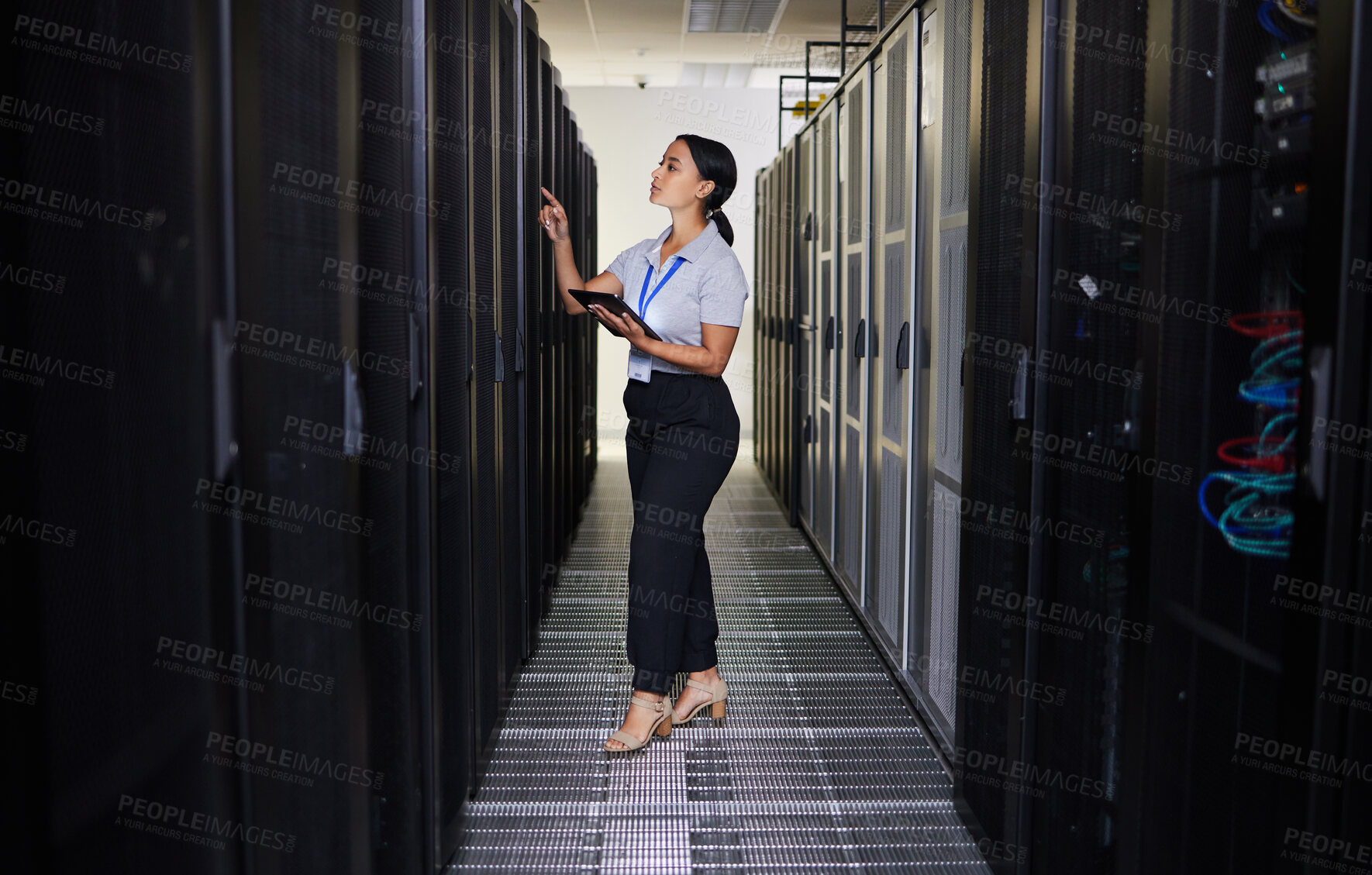 Buy stock photo Tablet, woman and engineer in data center for inspection of programming hardware. Information technology, check and technician in server room, networking maintenance or code for system admin software