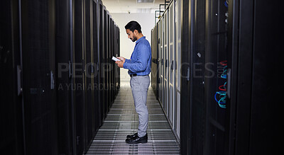 Buy stock photo Tablet, man and technician in data center on research for programming at night. Information technology, inspection and engineer in server room reading, network maintenance or typing code for software