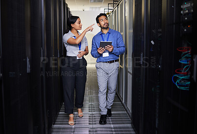 Buy stock photo People, server room and inspection or teamwork for cybersecurity, engineering and coding solution on tablet. Engineering man and woman or manager walking and check data center with digital technology