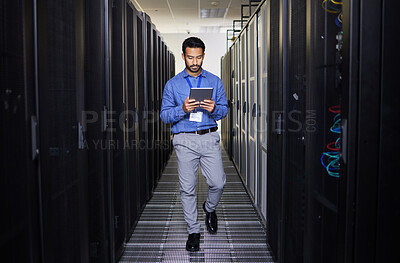 Buy stock photo Tablet, man and engineer in data center on research for programming on app. Information technology, inspection and technician in server room reading, network maintenance or typing code for software
