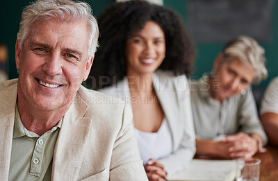 Buy stock photo Business man, portrait and people in a meeting with a smile, pride and professional team. Face of corporate entrepreneur person in an office for company growth, career development  and leadership